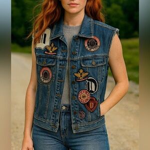 Vintage ‘92 Designer Donna Karan NY Denim Felt Letterman Vest Streetwear Retro